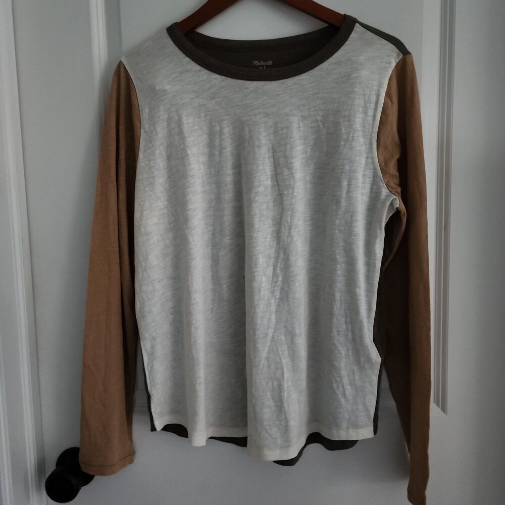 Madewell Long Sleeve T-Shirt Size Large Brown Tan Coloblock 100% Cotton Casual